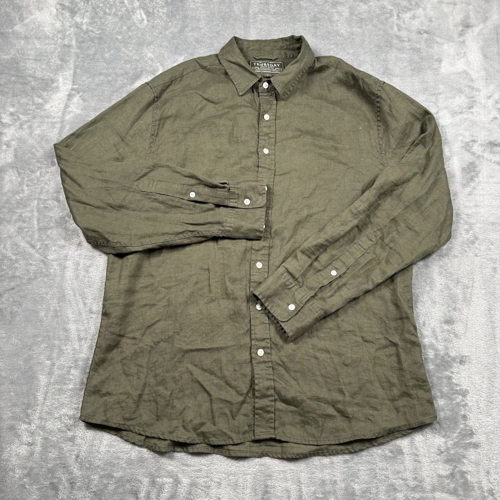 Thursday Boot Company Linen Button Up Shirt Mens L Olive Athletic Fit Minimalist